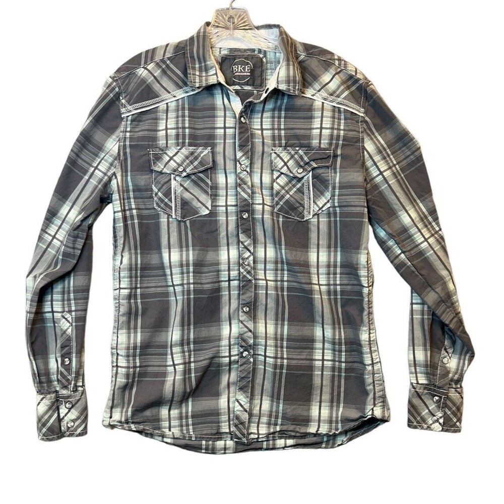 Buckle Shirt Gray White Mens Large Western Pearl Snap Cowboy Rodeo tailored fit